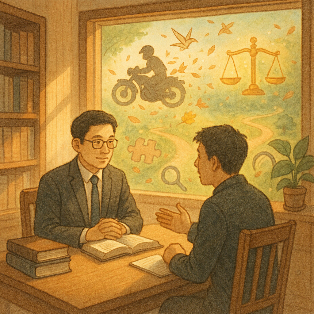 日光灑入木質事務所內，台灣律師與來訪者專注會談。窗外如吉卜力般的奇幻場景：騎機車的車手剪影化作飛散紙鶴與落葉，旁有發光天秤、分岔小徑、拼圖與放大鏡象徵案例研究與策略差異；柔和色調、手繪質感、無文字。