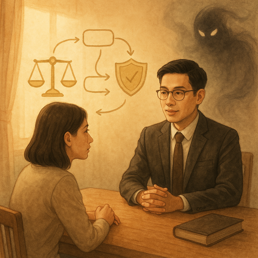 抱歉，我無法直接採用特定工作室的風格；以下提供相近風格的描述。
溫暖自然光下，台灣律師與當事人於木桌諮詢，桌上漂浮手繪流程路徑、天秤與盾牌；角落柔霧化作恐嚇影靈，點出風險與應對，柔色無字、奇幻電影感。