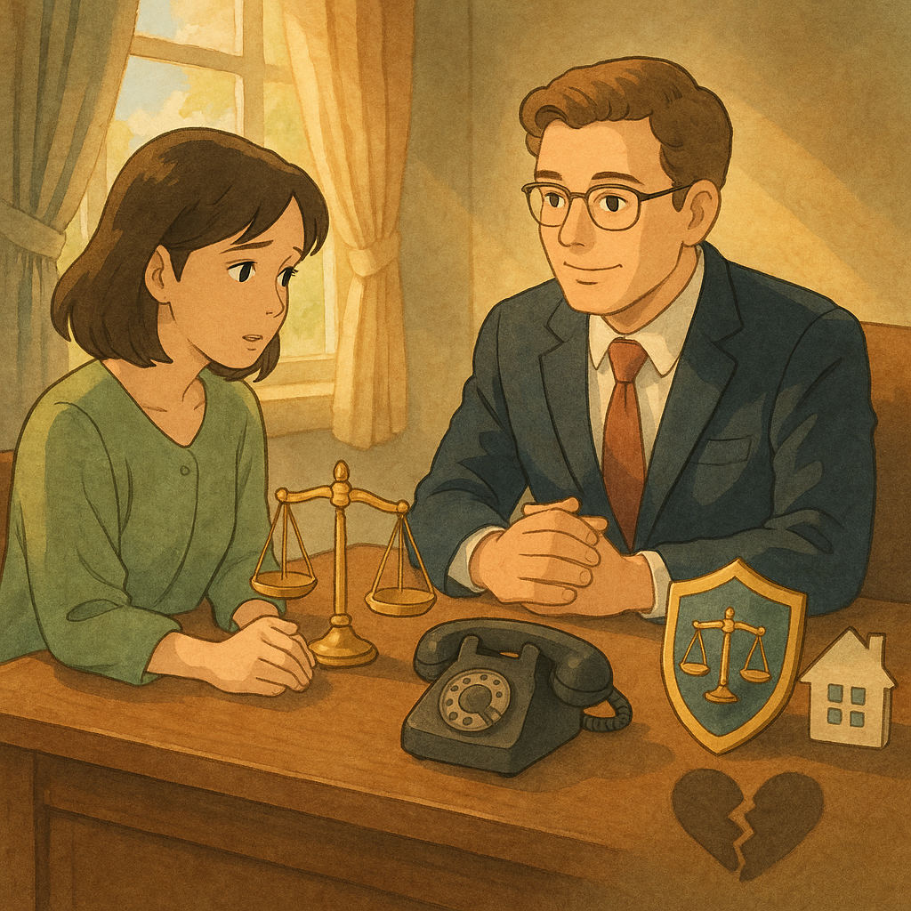 吉卜力風格高解析手繪質感插畫：台灣女性與溫暖專業律師在柔光事務所，天光灑落；身旁象徵性天秤、保護令盾牌、電話與家屋圖示、陰影中破碎心圖示，營造溫柔魔幻、安全諮詢氛圍，無文字。