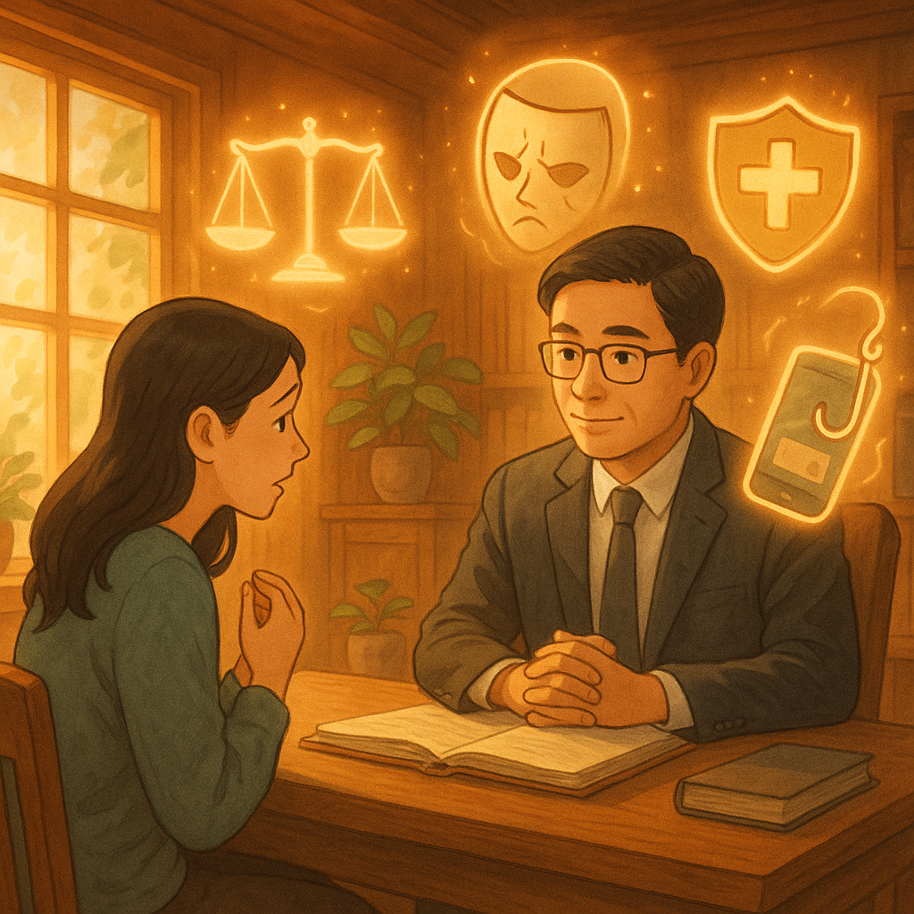 柔和自然光灑入木質辦公室，台灣律師與受害者溫和對談。天平與盾牌、破裂面具、釣鉤手機與信用卡等手繪符號化作靈光環繞，象徵揭露詐騙與法律保護，風格溫暖奇幻、具有吉卜力電影質感。