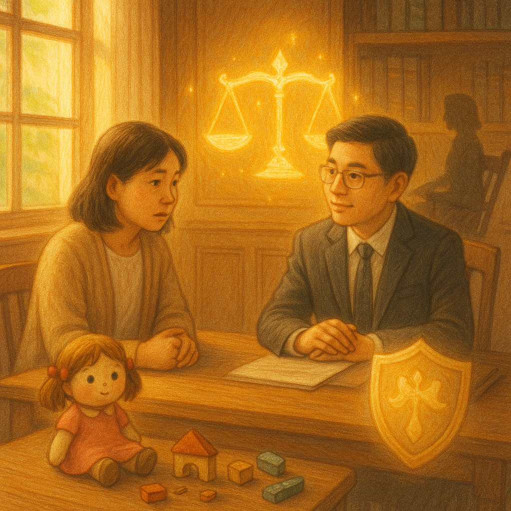 柔和自然光的手繪場景：台灣家長在木質律師事務所與台灣律師諮詢；幼兒娃娃與破損積木置於桌旁，金色光影化作天秤與護盾環繞，角落搖椅投下保母陰影，童話般而細膩，無字畫面。