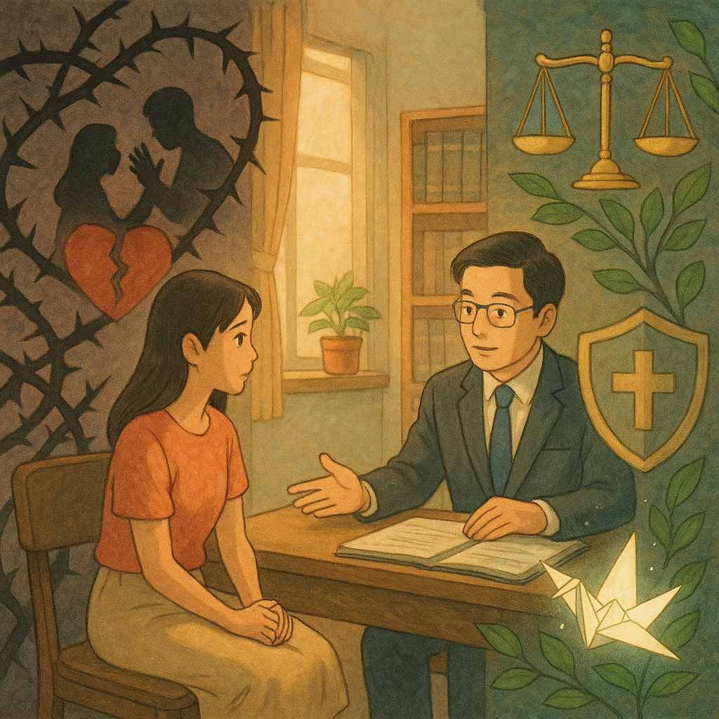 吉卜力風格插畫:台灣女子在溫潤光線的諮詢室與台灣律師對坐。畫面分成兩條象徵路徑:一側荊棘與陰影中隱現裂心與親密暴力剪影,另一側有天秤、護盾與發光紙鶴守護。柔和色彩、手繪質感,現實與魔幻平衡,無文字。