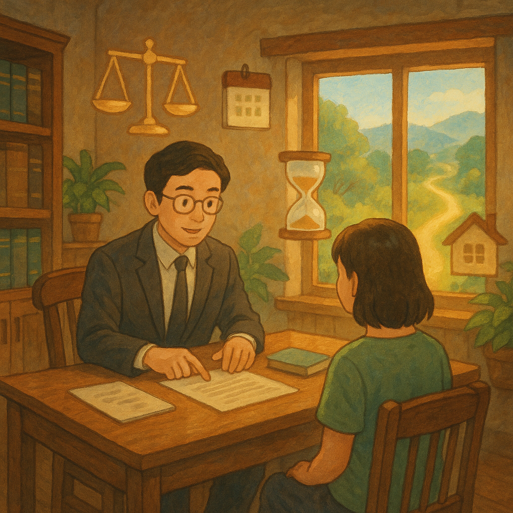 吉卜力式溫暖自然光手繪場景：台灣律師與民眾在木質事務所諮詢，飄浮的天秤、沙漏、月曆與家屋圖示環繞，發光小徑指向遠方，寓意緩刑條件與結論；無文字。