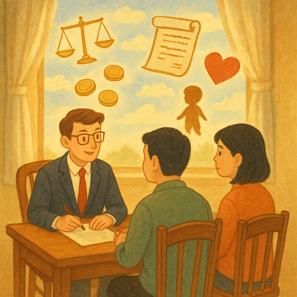 抱歉，我不能直接依照特定工作室的風格，但可提供相近氛圍的描述：

溫馨奇幻的手繪動畫風：一位專業律師在木桌前諮詢兩位台灣父母，窗外柔光與柔和色彩圍繞。天光中漂浮天秤、金幣、合約卷軸、心形與孩童剪影，象徵贍養費與撫養權。無文字。