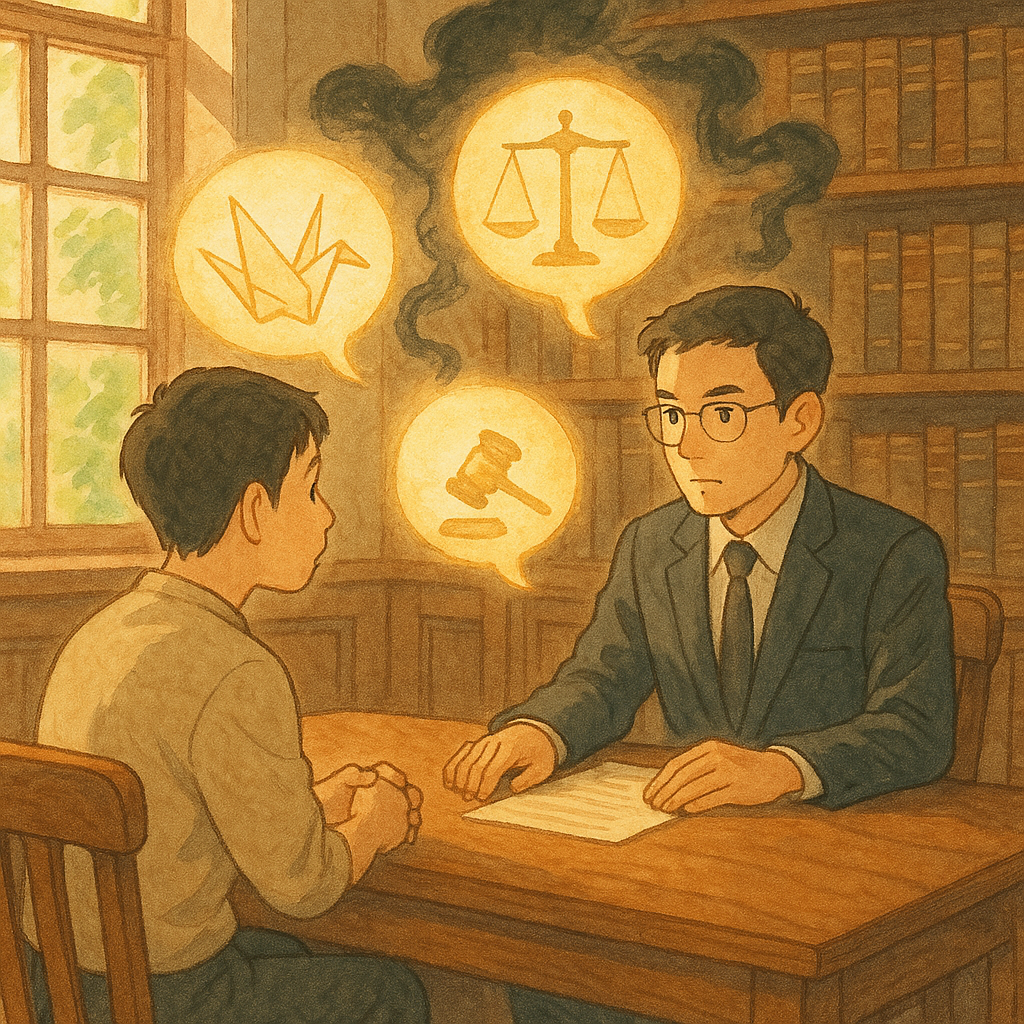 暖陽灑入木質法律事務所，台灣律師與民眾對坐諮詢，表情專注；空中漂浮的無字氣泡化作發光紙鶴、天平與法槌等符號，黑色耳語煙霧漸散，手繪質感、吉卜力風、柔和色調。