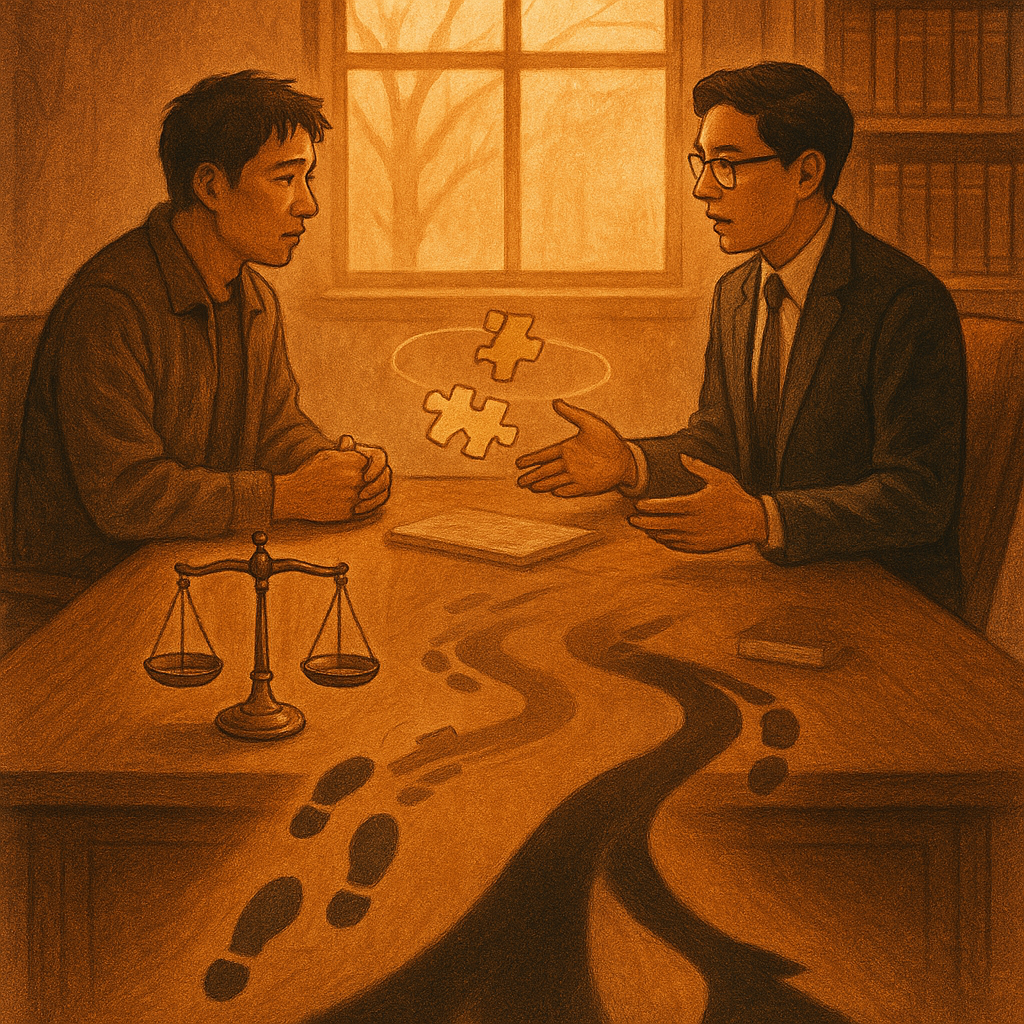 抱歉，我無法直接模仿特定工作室的風格；以下為通用風格描述：
黃昏律師事務所內，台灣律師與當事人對坐，柔光穿窗。桌上天秤、拼圖與交織足跡漂浮，暗影分岔成兩條小徑象徵是否成為幫助犯。手繪質感與溫暖奇幻、電影感氛圍，無字圖示，細節豐富。