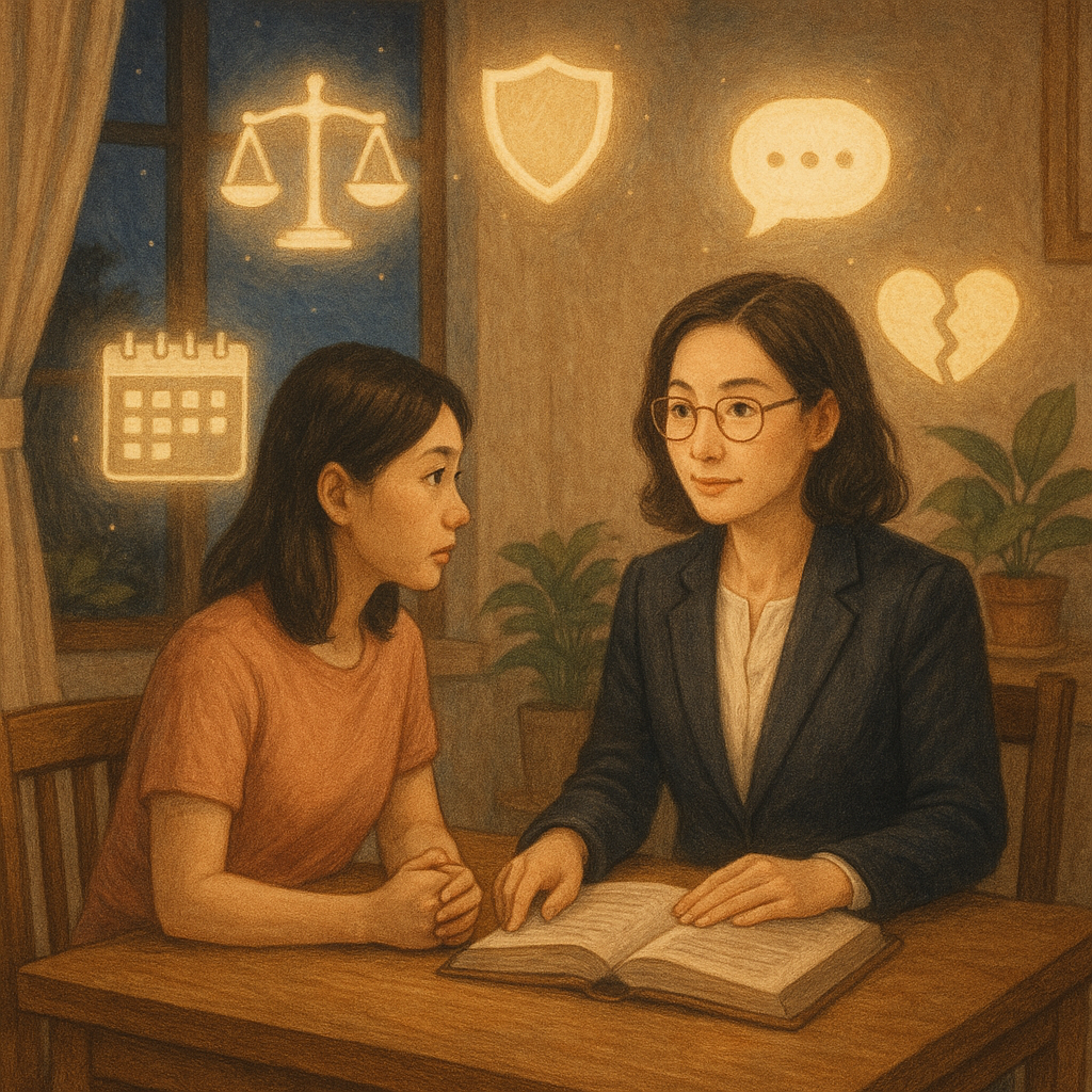 溫暖柔光的手繪室內，台灣女性與專業律師在木桌前諮詢，表情專注與安定；周圍漂浮無字圖示：天秤、盾牌、日曆、訊息與定位圖標、斷裂心形，化作柔光粒子；自然色調、窗外夜色與細膩筆觸，營造治癒魔幻的寫實氛圍。