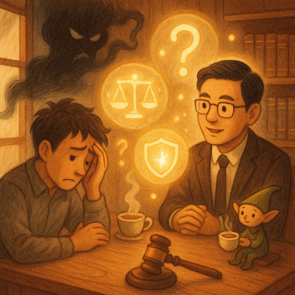 溫潤木質律所內，台灣律師溫和傾聽焦慮民眾；窗邊暗影化作煙霧象徵恐嚇。柔光裡疑問化作發亮光球，環繞法槌、天平與盾牌圖像，小精靈端茶相伴，手繪質感溫暖奇幻、無文字。