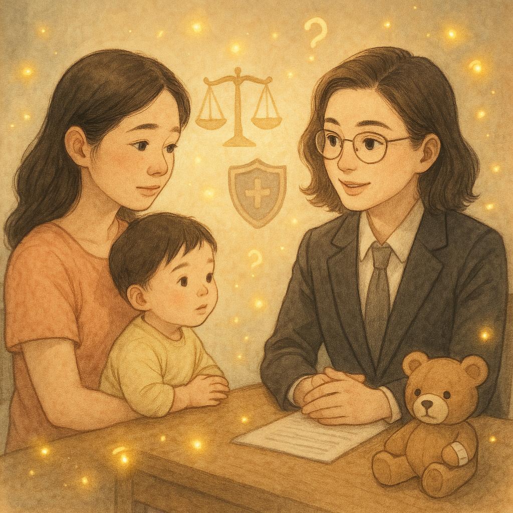 柔和自然光下，台灣母親抱著幼兒與表情細膩的專業律師對坐，手繪質感溫暖夢幻；旁有天秤、盾牌與貼著繃帶的玩具熊等象徵圖示，螢火微光與小問號光點環繞，營造安心的法律諮詢氛圍。