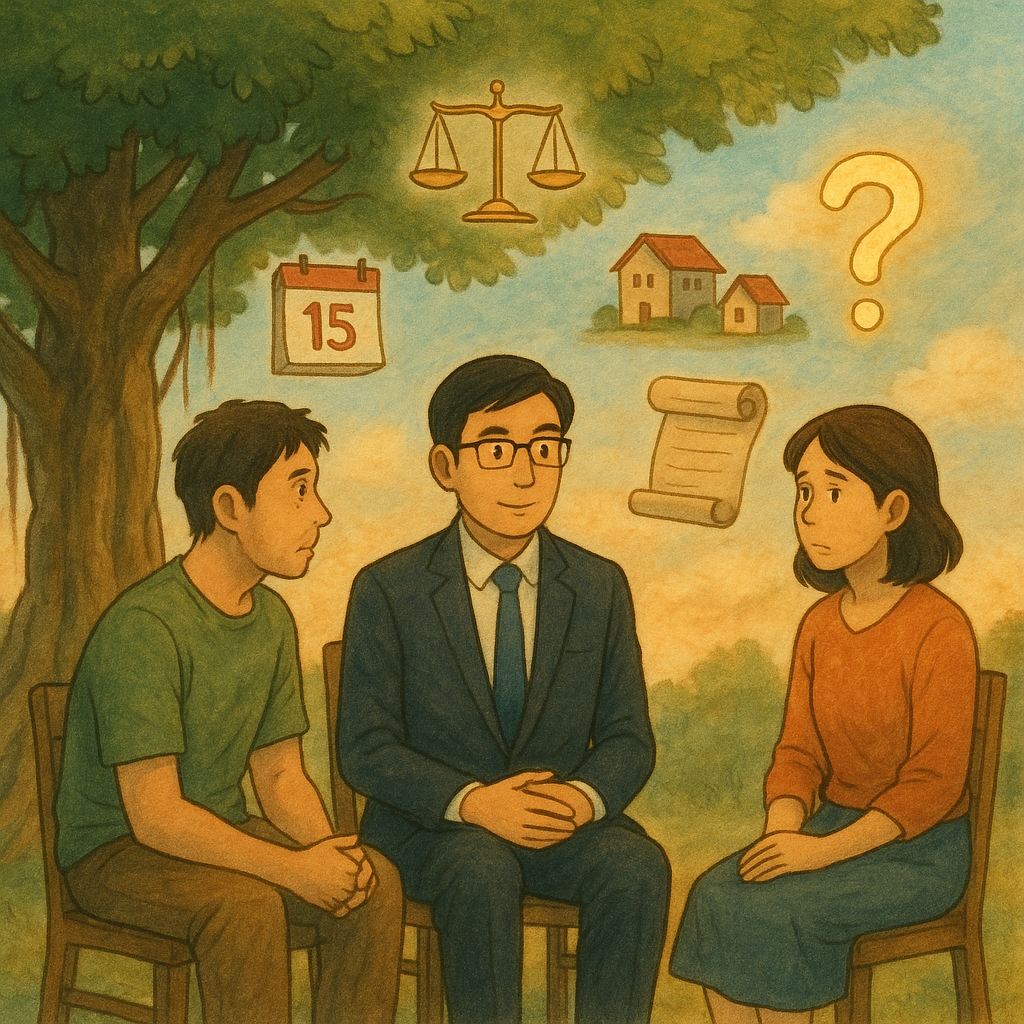 抱歉，我無法直接使用特定工作室的風格。不過我可以提供相近的手繪動畫感描述：

高解析、溫暖的日系手繪動畫感插畫：台灣律師與一對分居中的夫妻在榕樹下諮詢，天光柔和。天上漂浮天秤、日曆與兩棟相隔的小屋、文件卷軸與發光問號，手繪質感、無字，現實與奇幻交織。