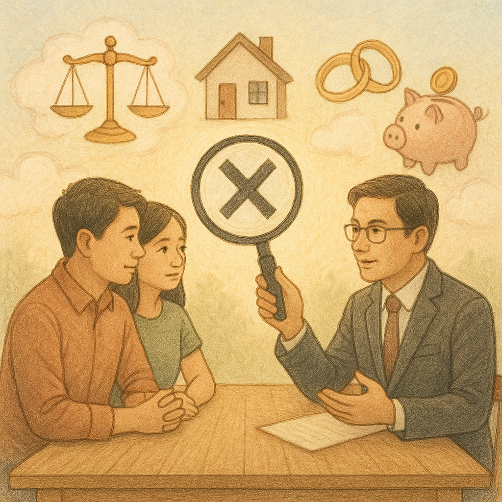 溫暖自然光下，台灣夫妻與律師圍坐木桌諮詢；天光中漂浮天秤、房屋、戒指與存錢罐等圖像，放大鏡聚焦爭議焦點，手繪質感，柔和色彩，寫實與奇幻平衡，畫面無文字。