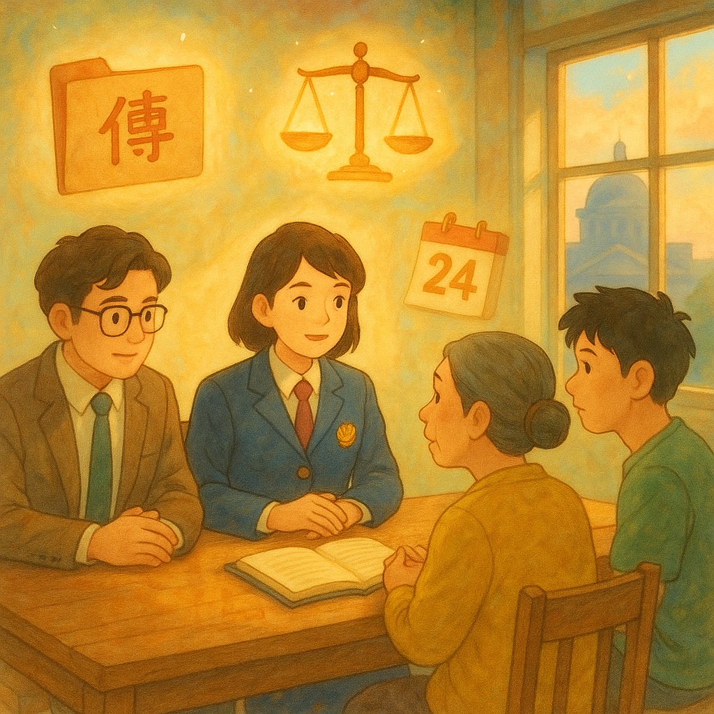 抱歉，我無法直接以特定工作室的風格創作；我可以改用溫暖、奇幻的手繪動畫電影風格。圖片描述：
柔和色彩與自然光的手繪動畫風，台灣檢察官、律師與民眾在木質會議桌諮詢；檔案封、天秤與日曆化作柔光圖像在空中漂浮，窗外法院剪影，氛圍溫暖而帶奇幻電影感，象徵檢察官傳喚與行動指引，細節豐富、沉浸且具情感。