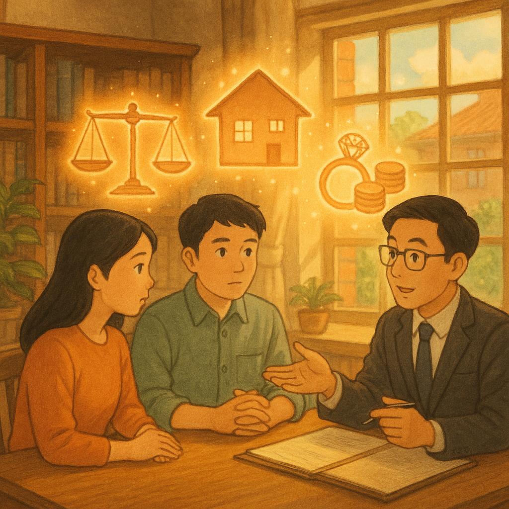 吉卜力風格插畫：臺灣夫妻與專業律師在暖陽木質事務所會談，柔和自然光下，天平、房屋、戒指與硬幣化為漂浮光影，象徵夫妻剩餘財產分配與行動建議，手繪質感溫暖奇幻，全畫面無文字。