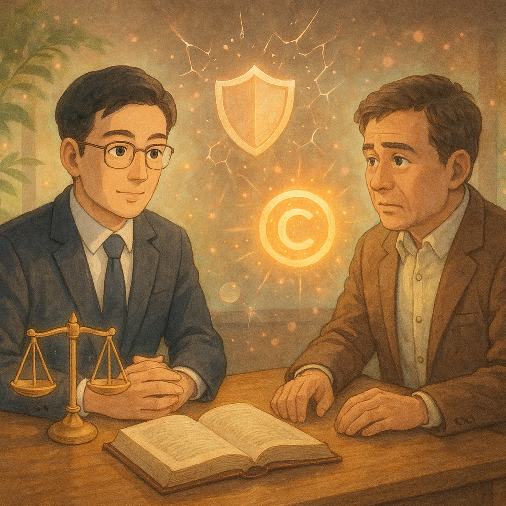 柔光手繪吉卜力風格：台灣律師與企業主在木質會議桌前諮詢，表情細膩；天平、盾牌與發光商標漂浮其間，陰影氣泡與裂痕星芒象徵商譽受損，綠植微風與粉金光粒營造溫暖奇幻。