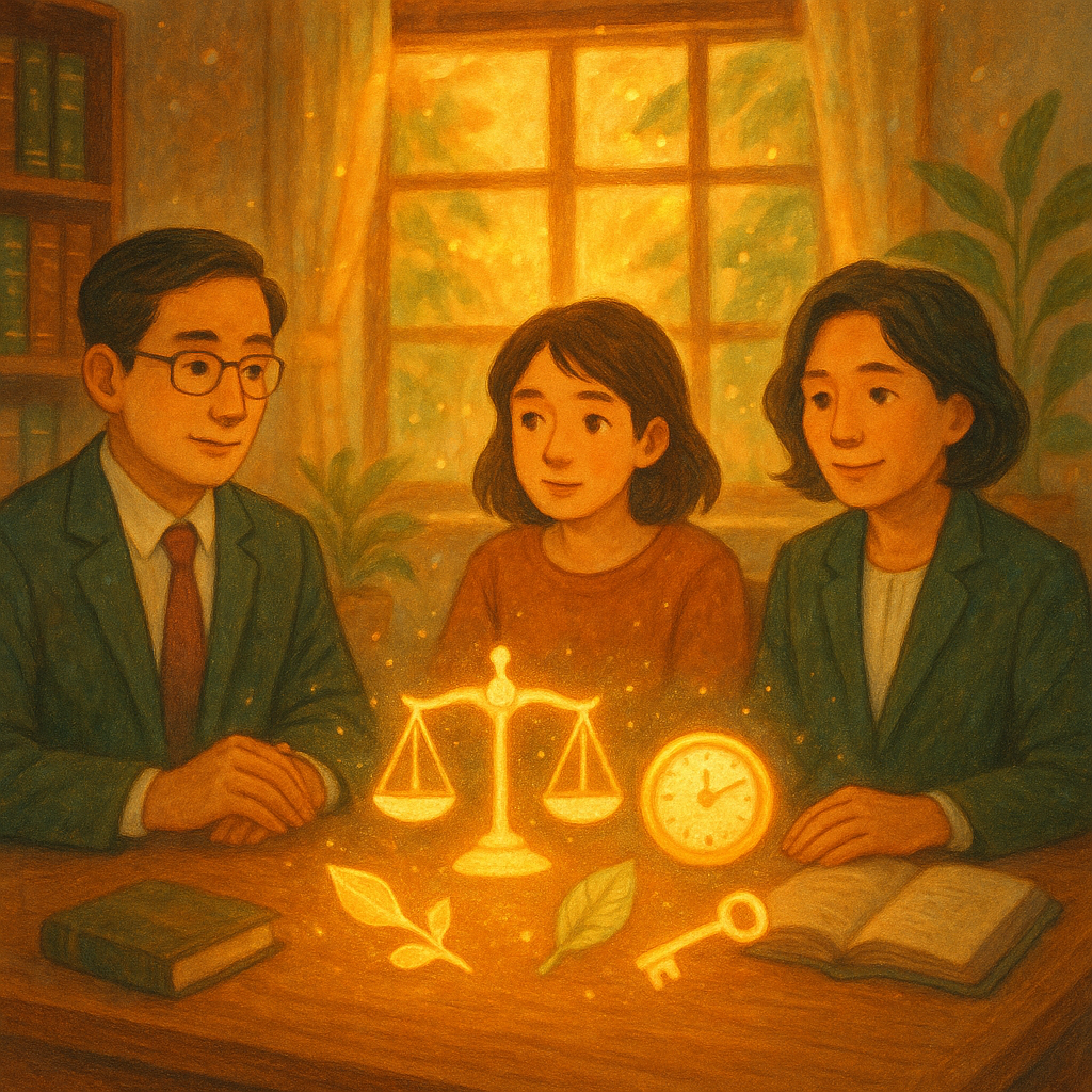 抱歉，我無法直接以特定工作室的風格創作；以下提供相近的溫暖、奇幻、手繪動畫風格描述：

黃昏光灑入木質事務所，兩位台灣律師與年輕當事人圍坐，桌上浮現發光的天秤、時鐘、葉片與鑰匙等象徵緩刑條件的圖示，柔和粉彩、手繪質感與微微光粒，氛圍溫暖奇幻，人物表情專業而溫和，背景有流動光影與綠植。