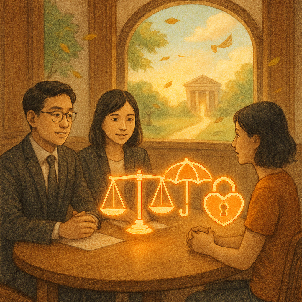 柔和光中，兩位台灣人律師與當事人在木質律所圓桌諮詢；桌上漂浮發光天平、守護傘與鎖形心，象徵妨害性自主的界線與保護。窗外暖風與飛葉如吉卜力般，遠方通往法院的光道與號角召喚，高解析手繪質感、無文字。