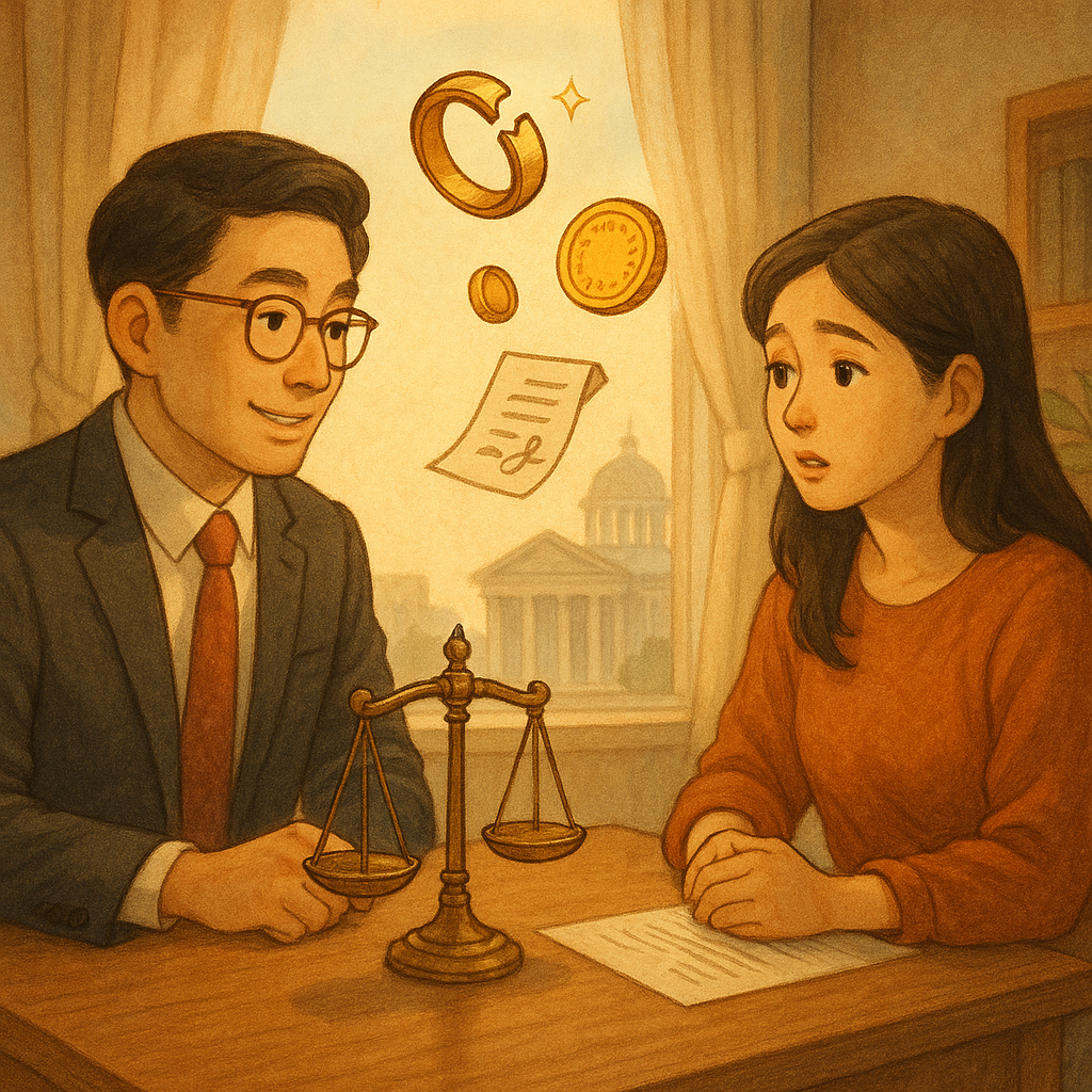 溫暖奇幻手繪動畫風,高解析。台灣人律師與當事人於柔光事務所諮詢,桌上天秤、破裂婚戒化作金幣與契約符號在空中輕旋,窗外法院剪影,氛圍自然柔和、細節豐富,無字。