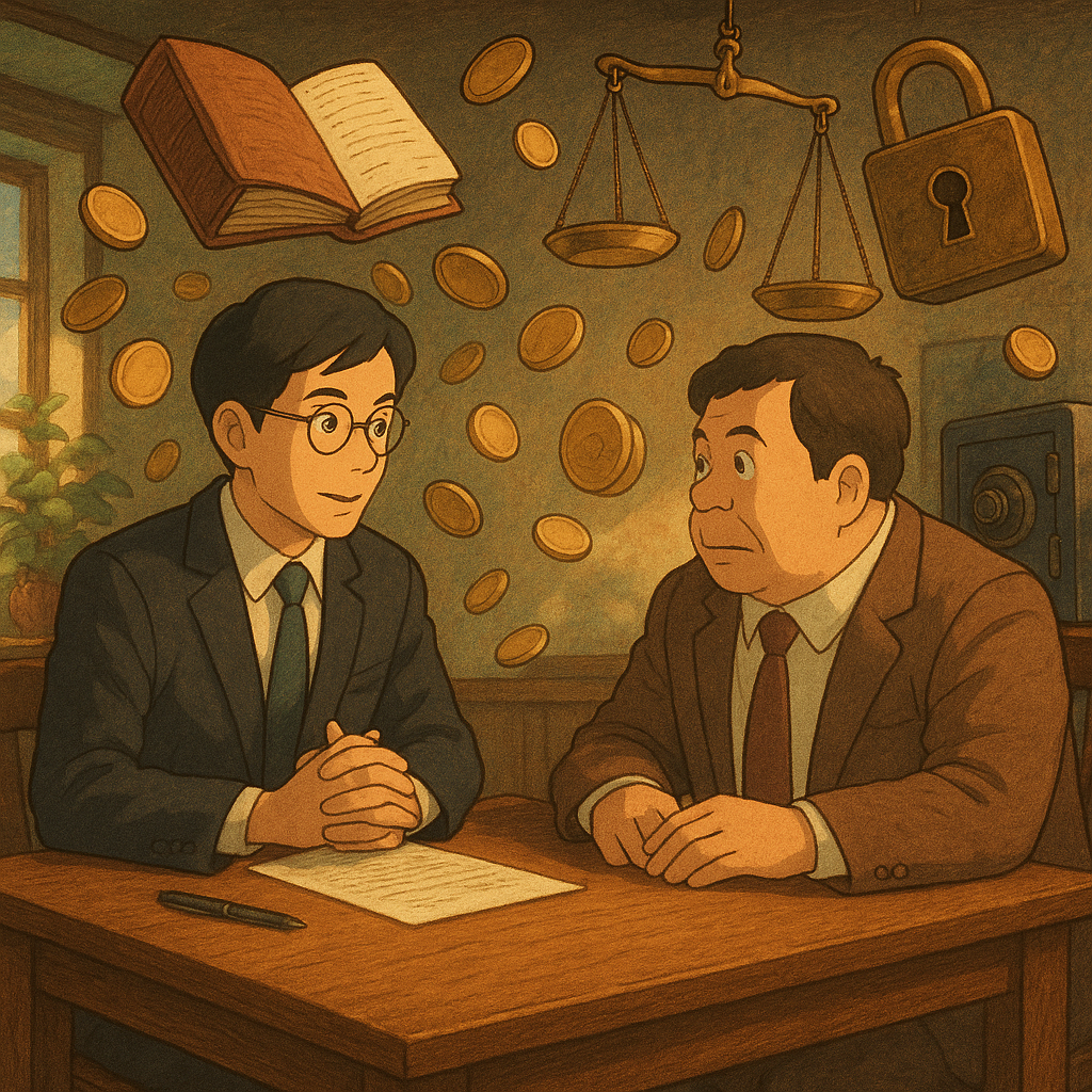 吉卜力風格、電影感,柔和自然光下,台灣律師與企業主在木桌諮詢;漂浮帳本化作金幣與秤盤、鎖頭與保險箱環繞,象徵業務侵占與取證;手繪紋理、溫暖奇幻氛圍,細節豐富。