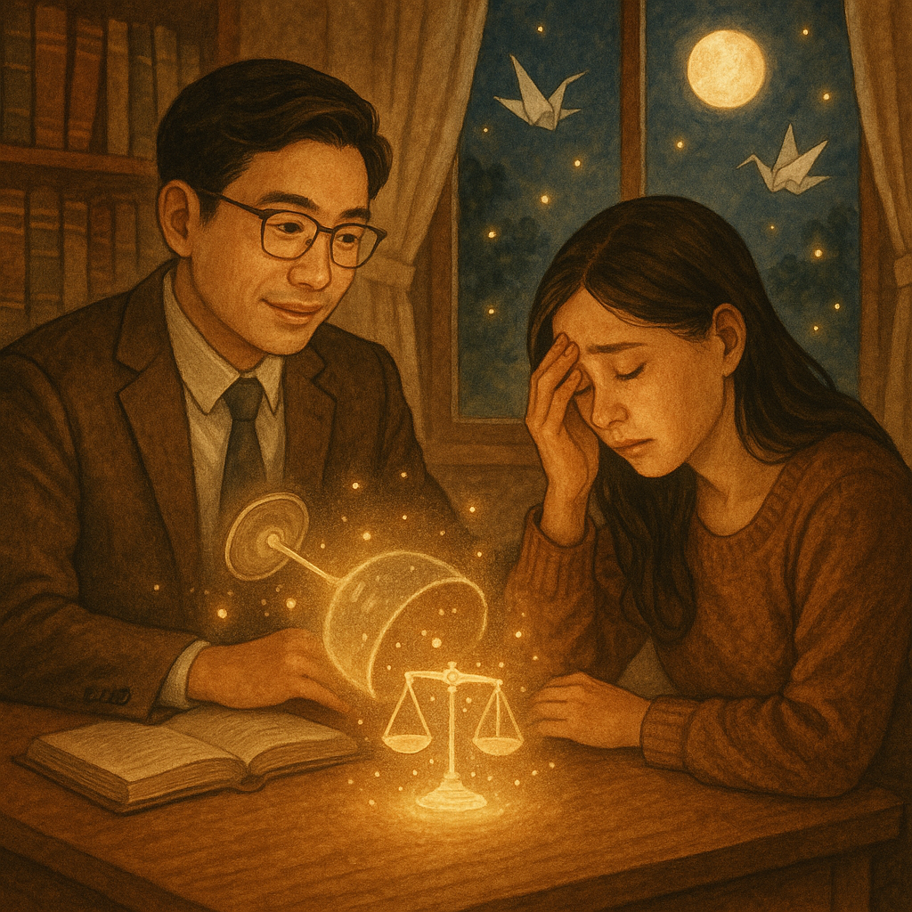 溫暖木質事務所內，台灣人律師溫柔傾聽台灣人受害者，桌上傾倒的酒杯化作護光，天平與雨傘圖像旋繞；窗外月光與螢火、紙鶴飄舞，電影感手繪質感與柔色營造奇幻而安定的法律諮詢氛圍。