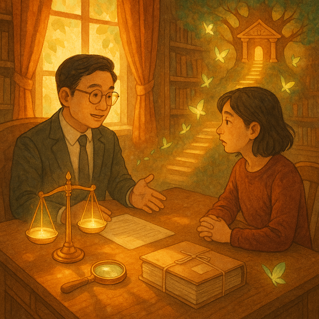 溫暖奇幻手繪風：台灣人律師與當事人於木質書房商談再審，陽光灑入。桌上天秤、卷宗與放大鏡微光漂浮，遠處化作發光階梯通往法院樹屋；樹葉化蝶指引行動路徑，無字、細節豐富。