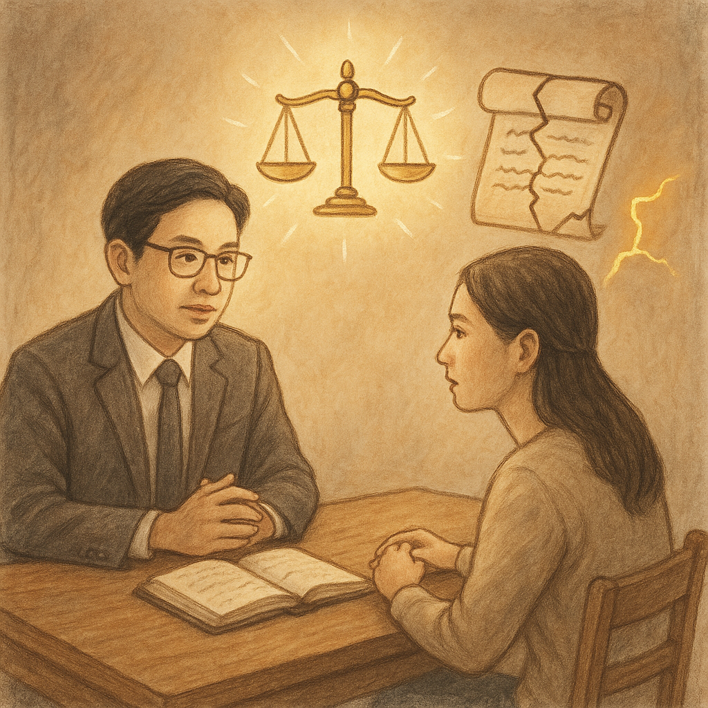 溫暖柔光下,台灣律師與當事人在木桌專注對談;手繪質感、淡雅色調。空中浮現發光天秤、裂痕契約卷與斷裂金線,象徵背信罪;寫實與奇幻交融,沉浸而無文字。