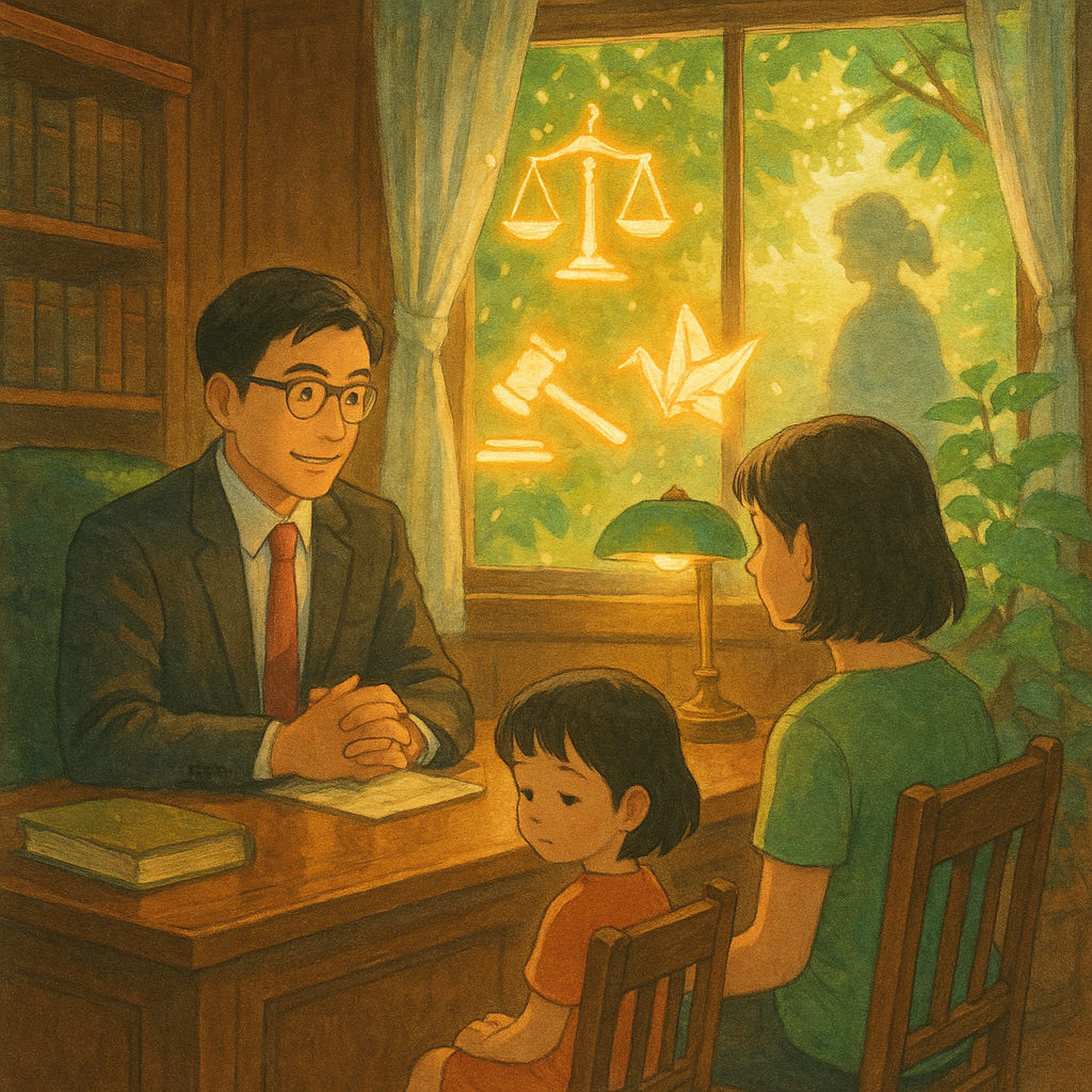 吉卜力風格高解析插畫，手繪質感：暖陽灑入木質律所，台灣人律師與家長溫和諮商，孩童被柔和光影與樹葉守護，微風拂動窗紗。天平、法槌與紙鶴化作發光符號，遠處保母朦朧背影象徵風險，無文字。
