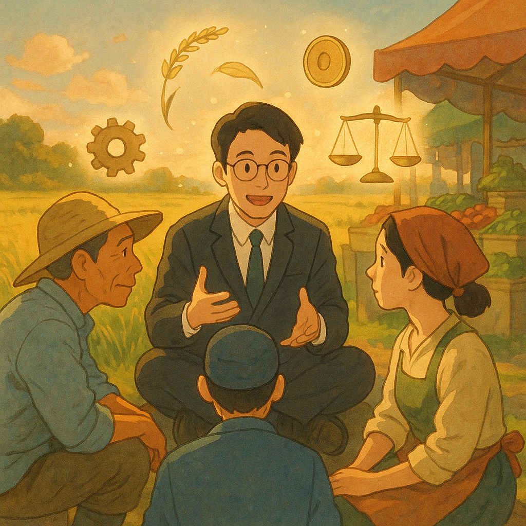 在暖陽灑落的田野與市集交界，一位台灣律師與台灣農夫、工人、商販圍坐諮詢，漂浮的稻穗、齒輪、銅幣與天秤化作溫柔光影，象徵妨害農工商罪的常見疑問；吉卜力風格手繪質感、柔色與自然光、電影感構圖，無文字。