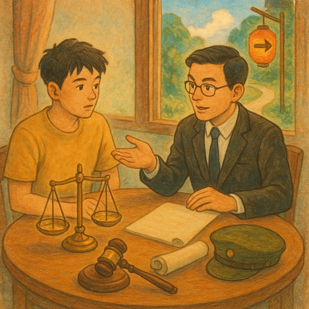 溫暖手繪風的法律諮詢場景：台灣年輕人與專業律師圍桌討論，天光柔和。桌上以天平、槌子、軍帽與無字公文卷軸象徵「妨害兵役」議題；窗外小徑與指示燈籠寓意結論與行動建議，整體吉卜力式奇幻質感。