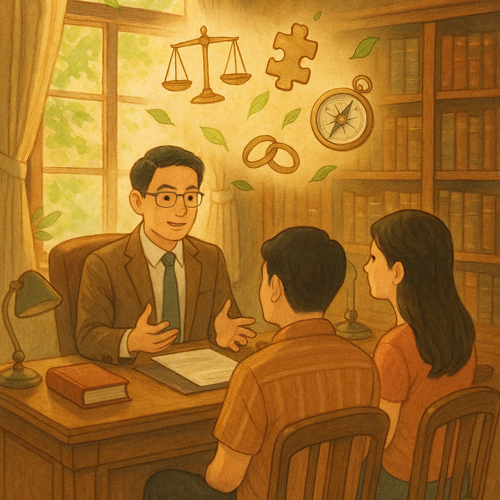 溫暖柔光的吉卜力風手繪場景：台灣人律師在木質書房中與一對台灣人夫妻諮詢。窗外自然光灑入，空中飄浮天平、拼圖、指南針與緩緩分離的戒指化作葉片，象徵離婚常見疑問；細膩質感、無文字。