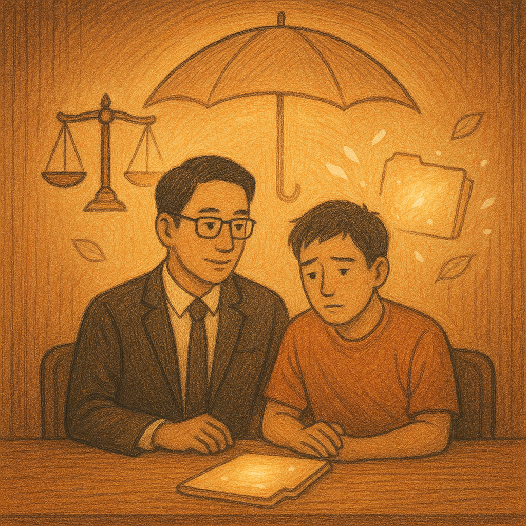 抱歉,我無法直接仿特定工作室的風格;以下提供相近氛圍的描述:
黃昏柔光下,台灣律師陪同當事人在溫暖偵訊室並肩而坐,木紋手繪質感;象徵性的天秤與發光檔案如萍葉漂浮,守護傘光暈環繞,無文字。