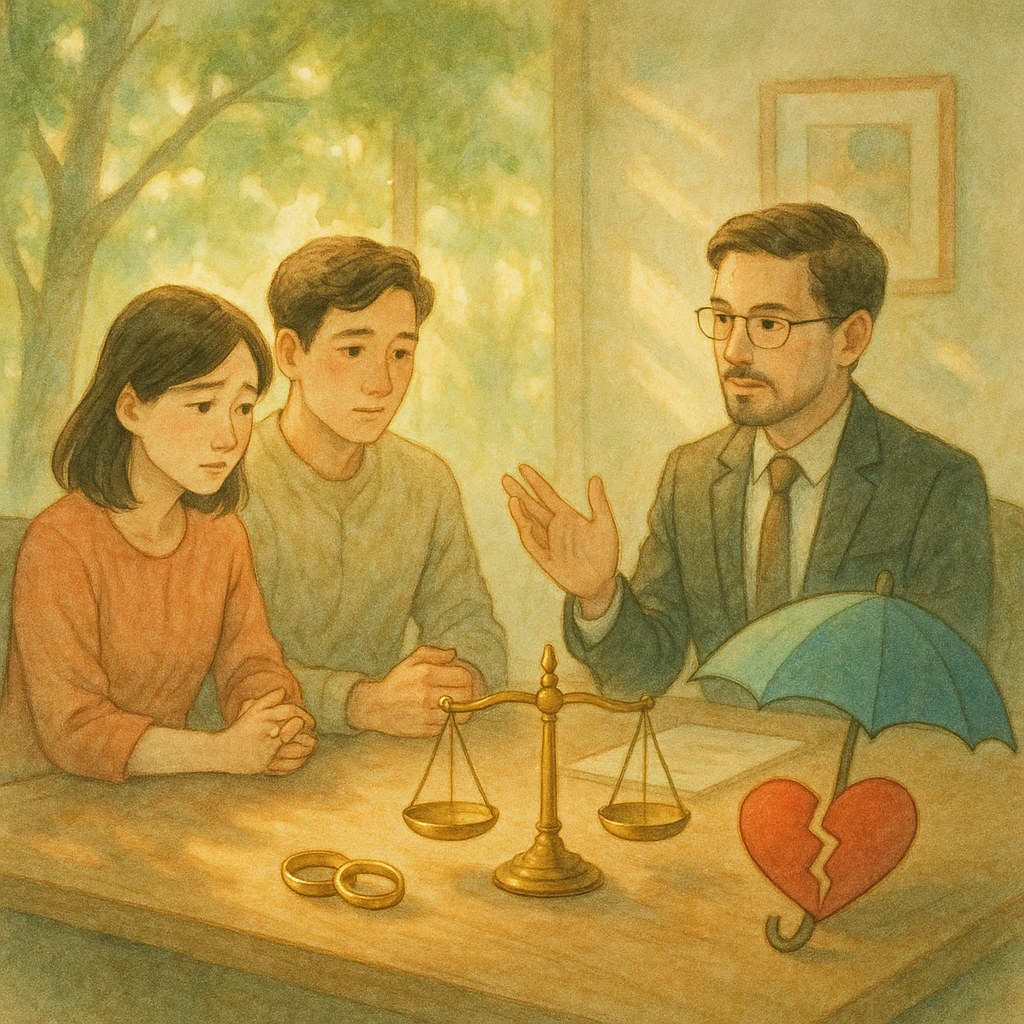 抱歉，我不能直接套用特定工作室的風格，但可提供相近氛圍的描述。

溫潤手繪柔色風格下，台灣夫妻與專業律師在陽光灑落的諮詢室對坐，表情細膩；桌上有婚戒與天秤、破裂心形與保護傘等象徵，森林光影微動，帶細膩魔幻感，無文字。