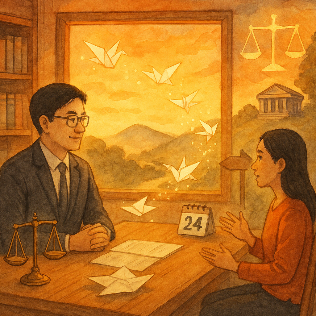暖色夕光下，台灣律師與當事人於木質事務所對坐，桌上抗告卷宗化為紙鶴與光點飛向遠處法院山丘；天平、日曆與路標浮現指引行動，手繪質感、畫面無文字。