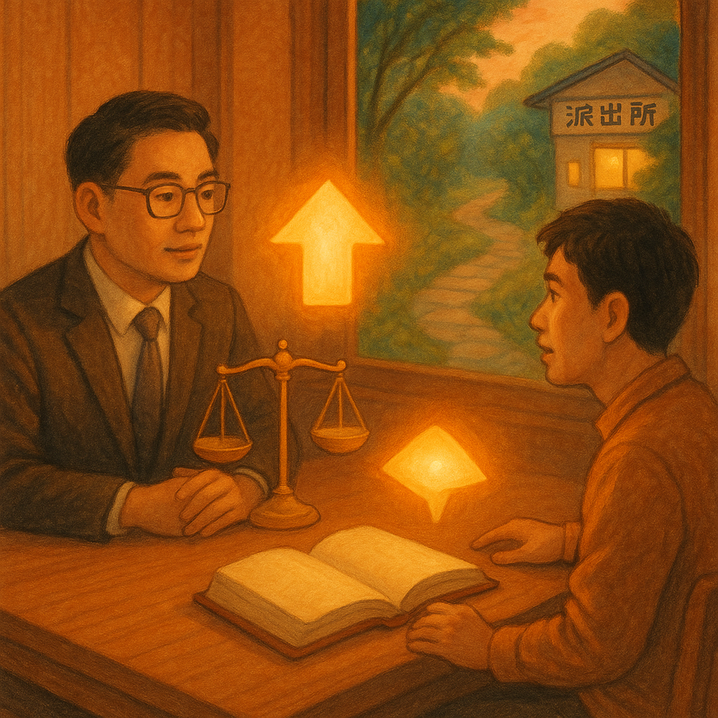 黃昏柔光下，台灣人律師與民眾在木質相談室對坐，桌上天平、無字書頁與發光的指引燈漂浮；窗外通往派出所的石徑被綠意與微風環抱，象徵自首與行動建議的勇氣與方向，手繪質感溫暖奇幻。