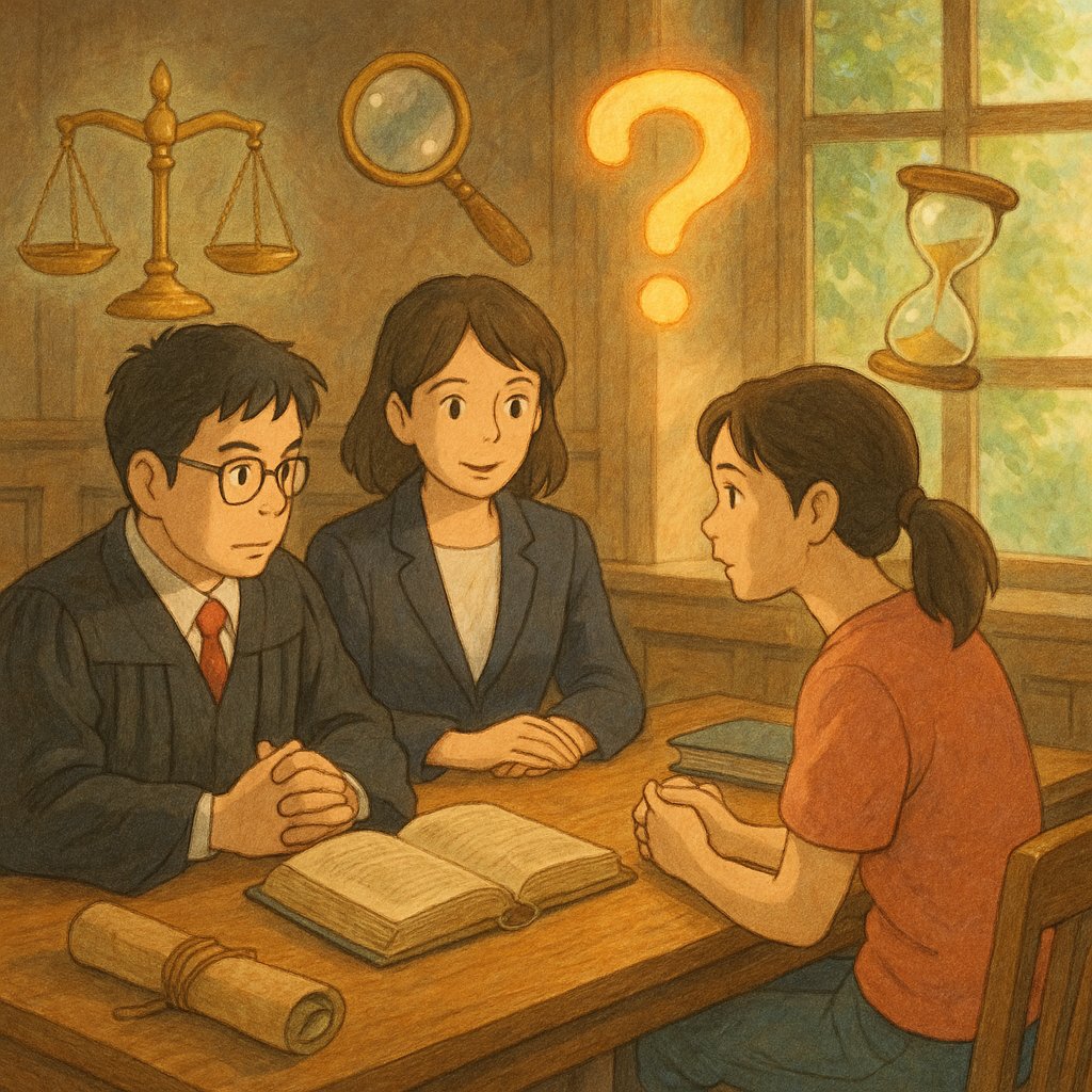 吉卜力風高解析插畫：溫暖自然光下，台灣檢察官、律師與當事人在木質偵查庭桌前諮詢，手繪質感。天平、放大鏡、卷宗、沙漏與柔光問號如精靈環繞，象徵常見問題與法律流程，現實與奇幻平衡，無文字。