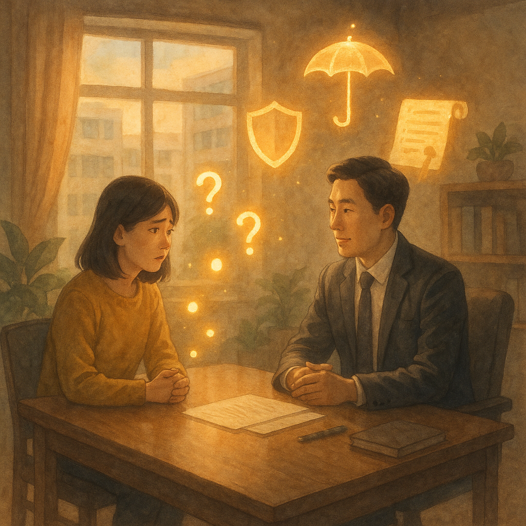 溫柔手繪風，自然光灑入台灣辦公室：受霸凌的台灣上班族在台灣律師陪伴下相談。疑惑化作柔光小球在兩人間流動；桌邊漂浮天平、盾牌、合約卷軸與保護傘等發光圖示，陰影遠處淡去，氛圍溫暖奇幻、電影感，畫面無文字。