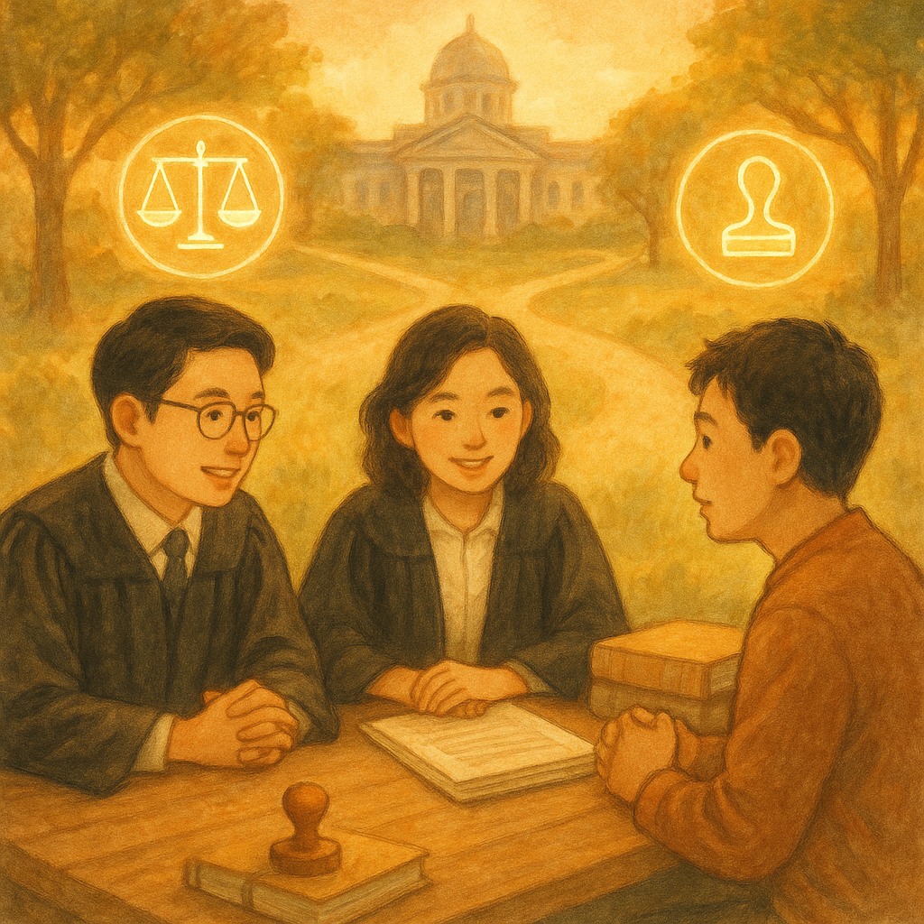 溫暖柔光下,兩位台灣人律師與民眾表情細膩圍坐木桌諮詢,天平、印章與卷宗化作發光圖示環繞,遠處柔焦政府機關建築與分岔小徑象徵行政救濟路徑,手繪質感與夢幻氛圍,無文字。