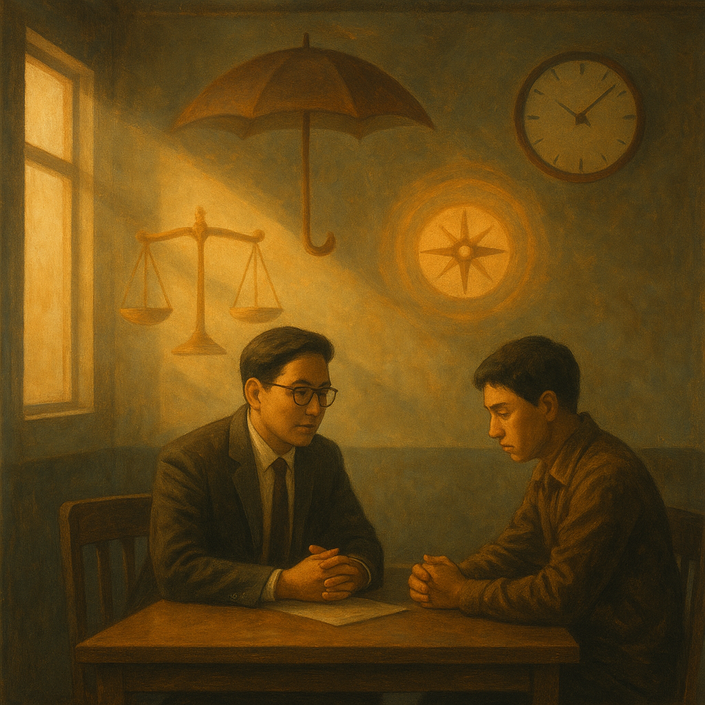 抱歉,我無法直接使用特定工作室的風格;以下為相近質感的圖片描述:
柔和自然光與電影感的手繪場景中,台灣律師陪同當事人坐於偵訊室;天平、時鐘、護傘與指南針化作溫暖光影環繞,象徵指引與守護,畫面無文字。