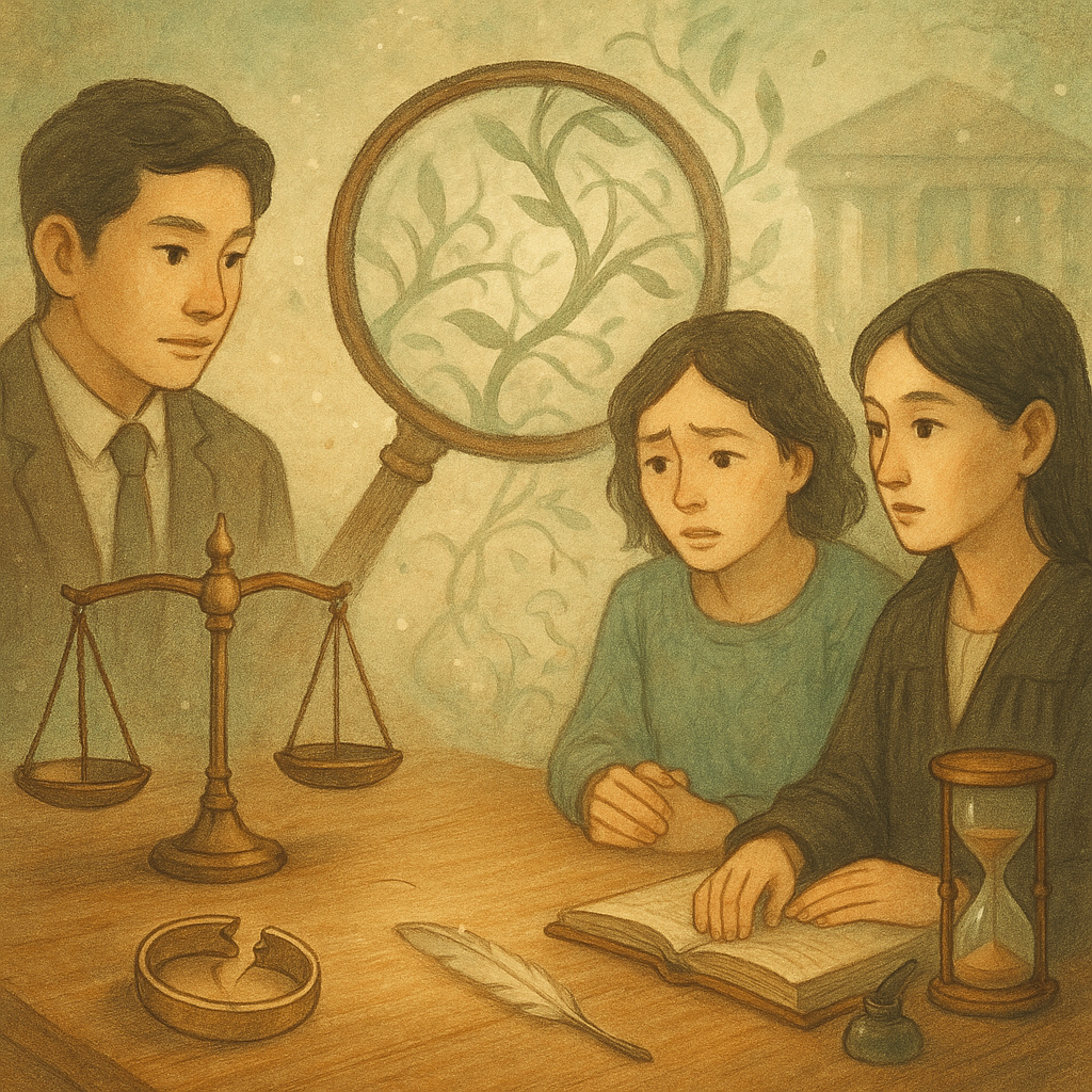 抱歉,我無法直接以特定工作室的風格創作;以下提供相近氛圍的圖像描述:
柔和自然光下,兩位台灣人律師與當事人在木桌諮詢,手繪質感溫暖奇幻。桌上天秤、破裂誓言指環、羽毛筆與沙漏象徵偽證與時間壓力;放大鏡照見交錯證詞如藤蔓延伸至朦朧法庭。微塵飛舞、色彩柔和、鏡頭感濃,無文字。