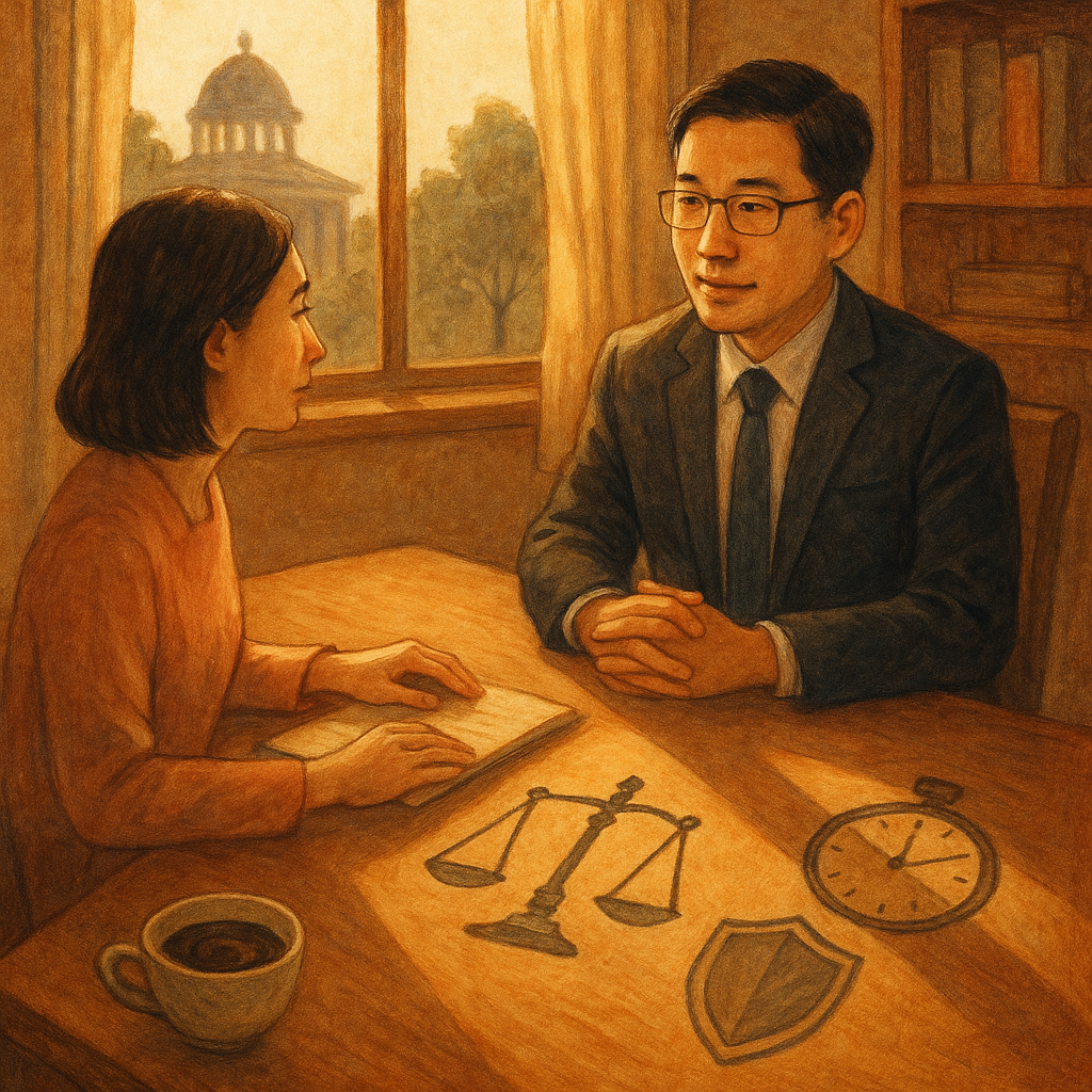 溫柔日光灑入木質諮詢室，台灣律師與當事人對坐，神情專業且關懷。桌面浮現手繪天平、盾牌與時鐘光影，角落茶杯上方的暗色旋渦象徵下藥風險；窗外法庭剪影相映。整體暖色、自然光與奇幻手繪質地，無文字。