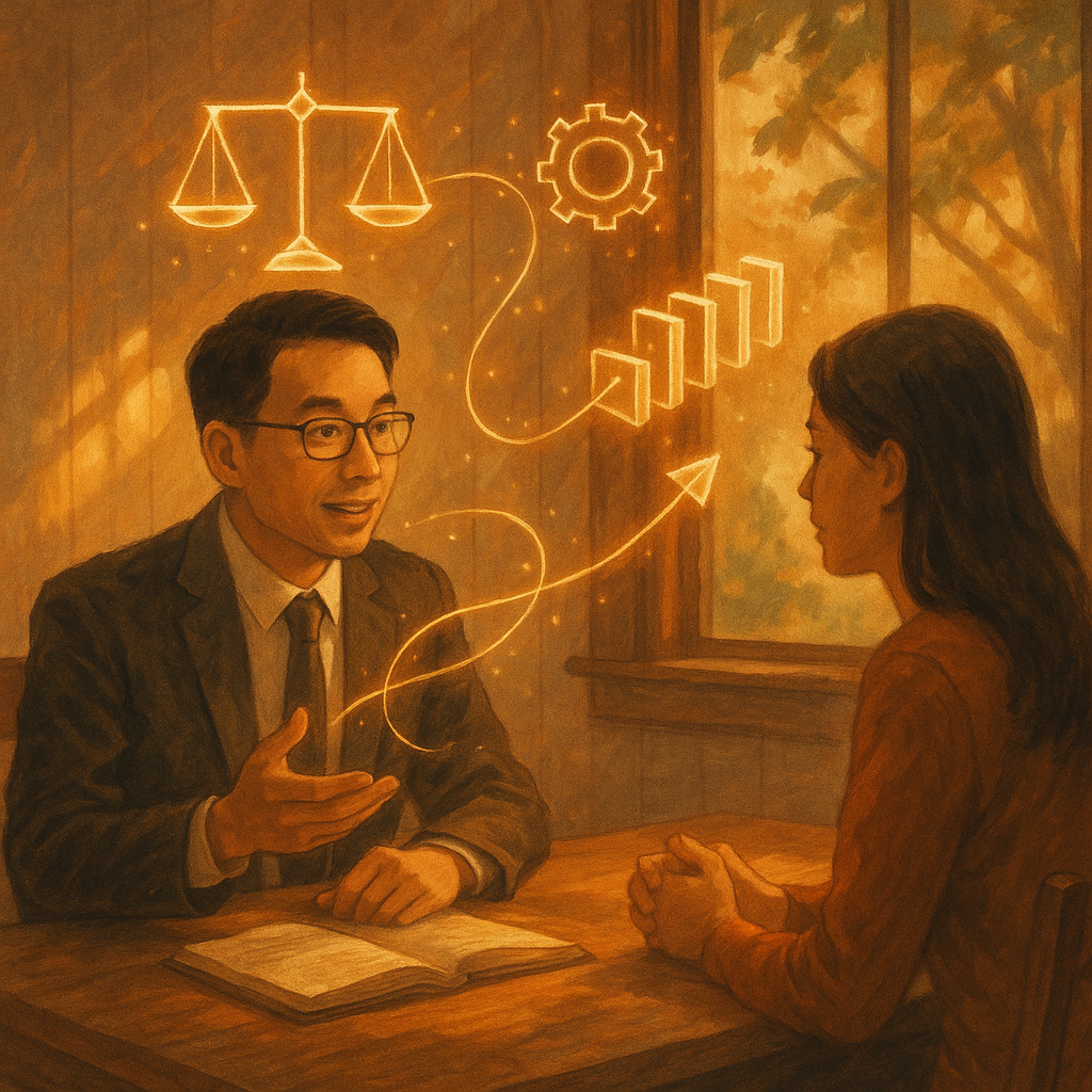 黃昏暖光下，台灣律師與當事人於木桌對談，手邊漂浮天平、齒輪、骨牌與箭頭等符號，以發光絲線串聯因果脈絡；窗外和風拂樹影，電影感景深，手繪質感溫柔奇幻，象徵結論與行動指引。