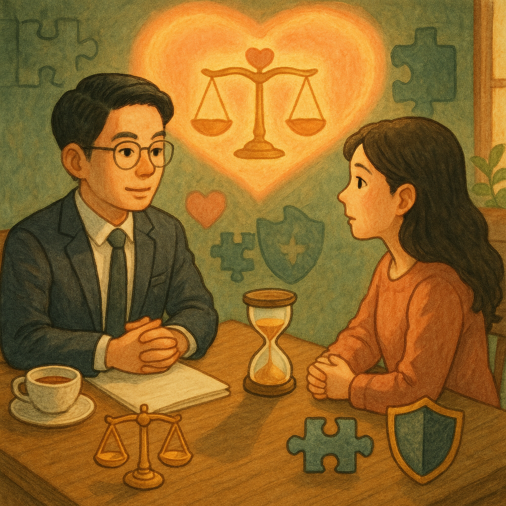 柔和自然光下，台灣律師與當事人對坐於木桌，空白卷宗與茶杯旁，天秤與心形光暈象徵精神賠償求償；拼圖與盾牌代表爭點與風險控管；沙漏投下長影暗示延誤後果，吉卜力風手繪質感溫暖魔幻。