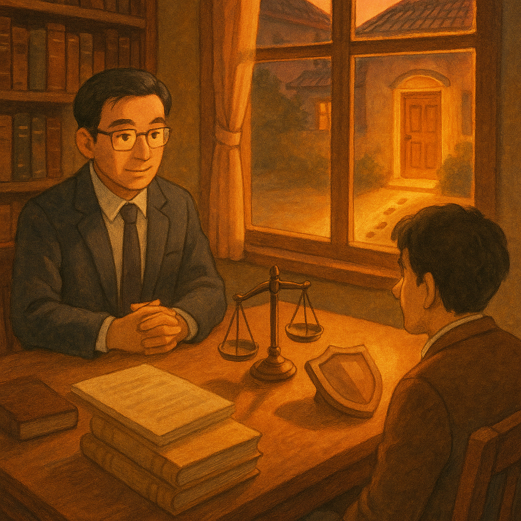 吉卜力風柔光手繪質感插畫：黃昏巷弄中的台灣律師與當事人在溫暖書屋諮詢，桌上天秤、卷宗與盾牌光影浮現；窗外民宅門口留著足跡與發光邊界，象徵侵入住宅罪風險控管，畫面無文字。