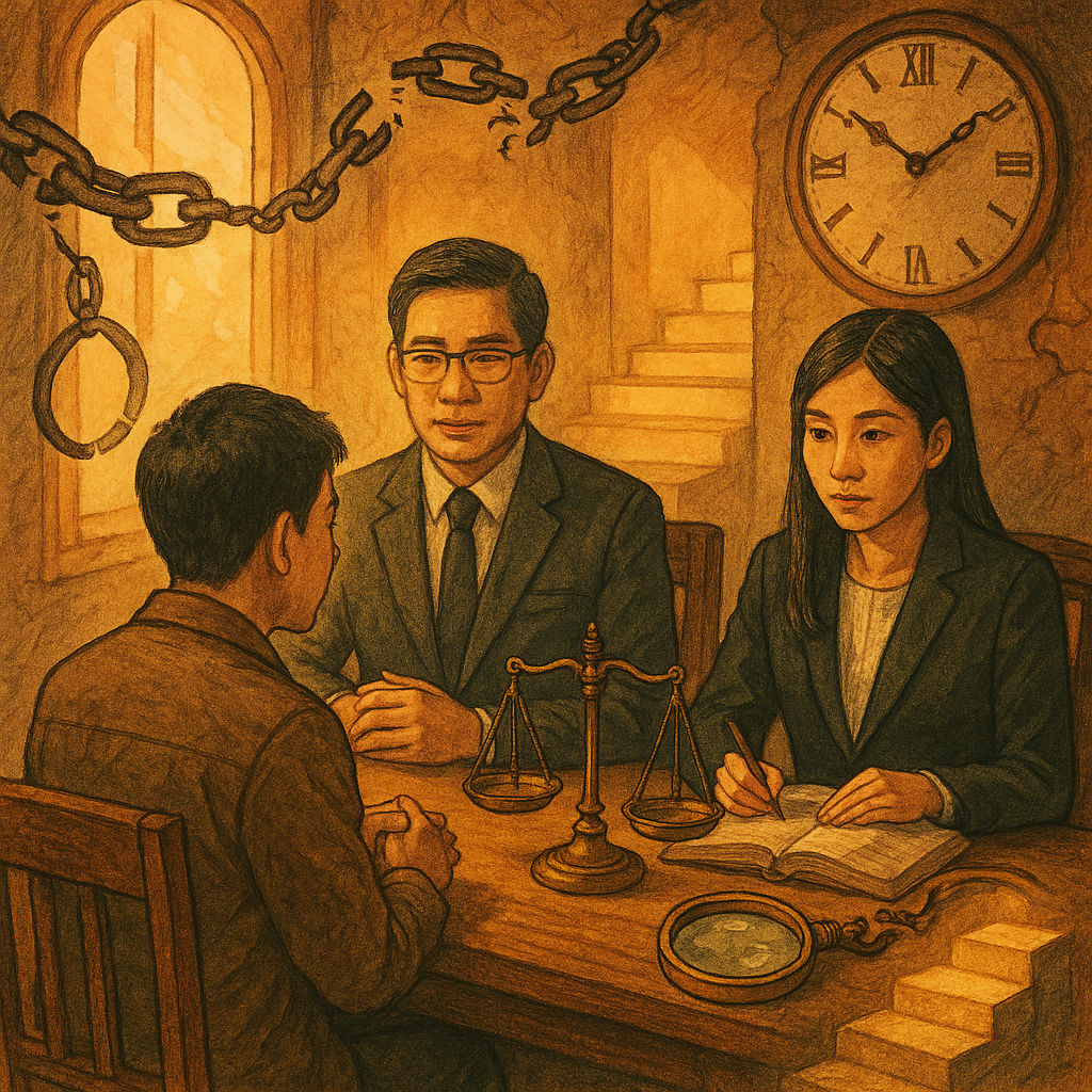 暖色自然光與手繪質感的奇幻律所內，兩位台灣律師與當事人諮詢；天秤、放大鏡、斷裂鎖鏈與停滯時鐘環繞，象徵未遂犯；旁有五階發光石階指引爭點解析。