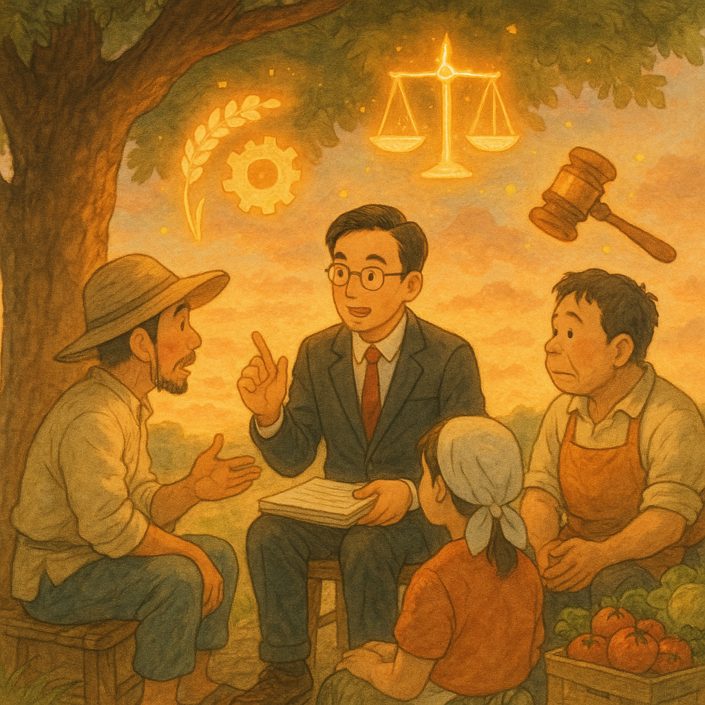 暖色夕光下，台灣律師與農民、商販在樹下諮詢，空中漂浮稻穗、齒輪、秤盤與法槌等發光符號；手繪質感與柔和光影營造吉卜力式奇幻，細節豐富、溫馨電影感，無文字。