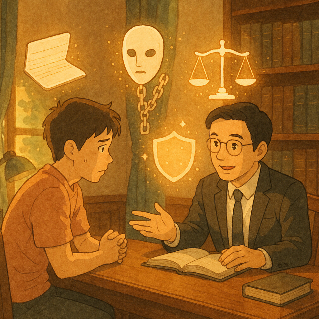 吉卜力風格溫暖光影下，台灣律師在木桌前溫和諮詢一位憂心年輕人；桌上漂浮如精靈的存摺、面具與鎖鏈象徵人頭帳戶風險，天平與盾牌化作光粒守護，手繪質感細膩無字。