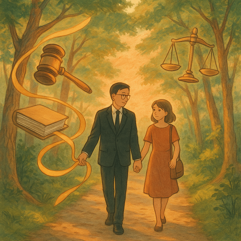 溫暖夕光下,台灣律師牽引當事人走過漂浮法槌與天秤的林徑,金色絲帶自卷宗環繞相連,象徵強制代理;手繪質感、柔色與微風樹影營造吉卜力式魔幻結尾場景,人物表情溫和而專業,畫面無文字。