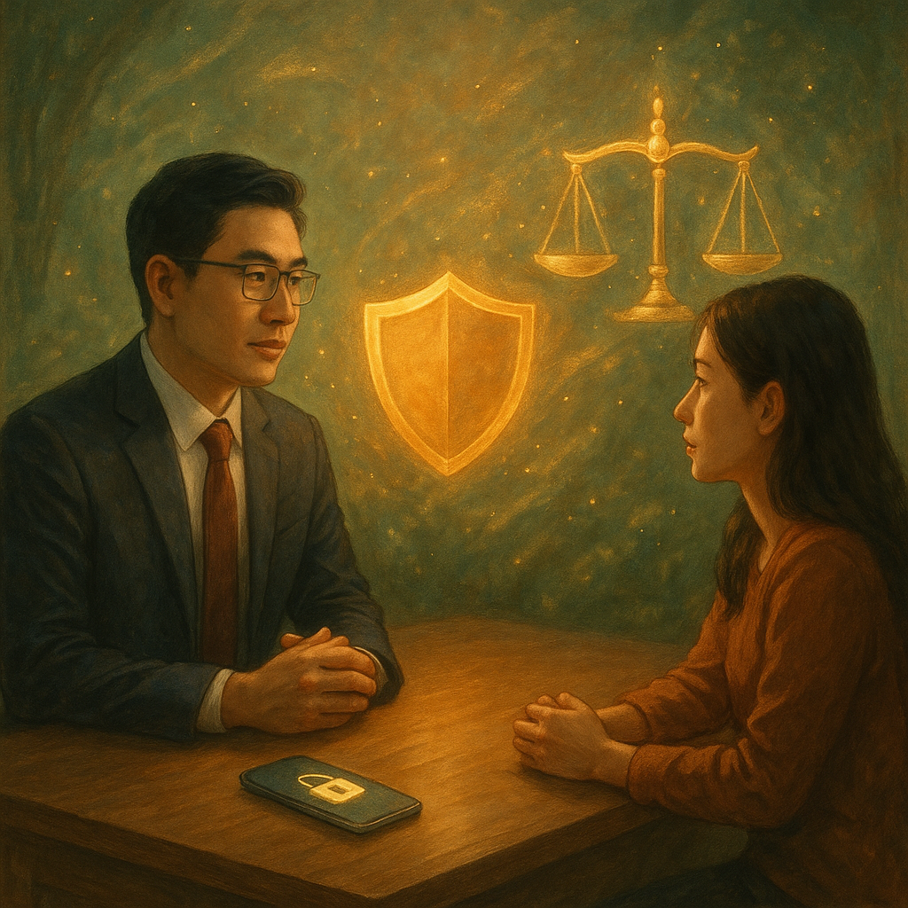 抱歉，我無法直接使用特定工作室的風格；以下為相近風格的描述。

溫暖柔光下，台灣人律師與當事人對坐諮詢；桌上鎖住的手機、發光的盾牌與天秤漂浮，如森林微風輕拂。背景以手繪質感呈現魔幻光粒與電影感構圖，象徵打擊散布私密影像與法制趨勢，畫面無文字。