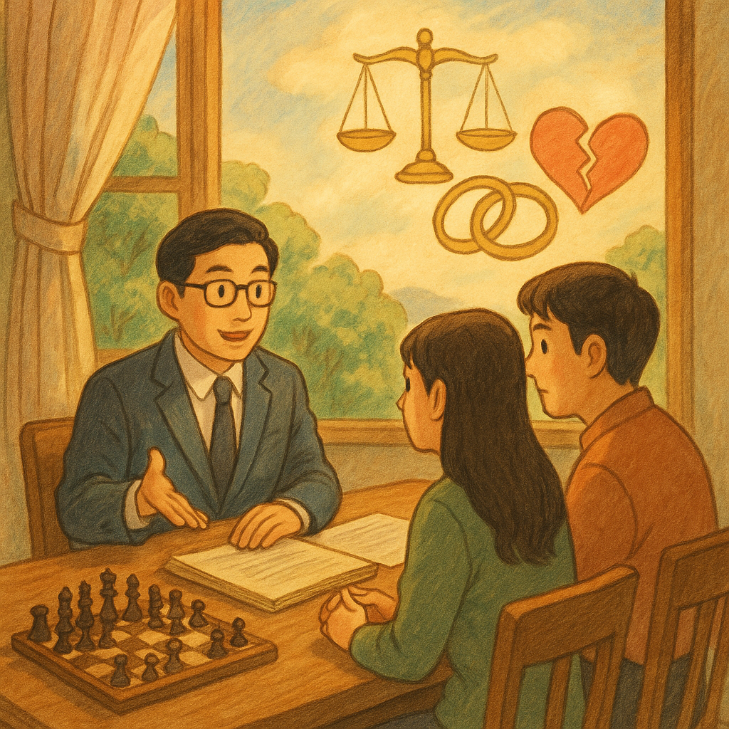 溫暖自然光下，台灣人律師與夫妻在木質會議桌諮商；桌面展開案件卷宗、棋盤與棋子象徵攻防策略，天邊飄浮天秤、交疊婚戒與微裂愛心化作柔光圖像，手繪質感與森林微風營造吉卜力式奇幻氛圍；畫面無文字。