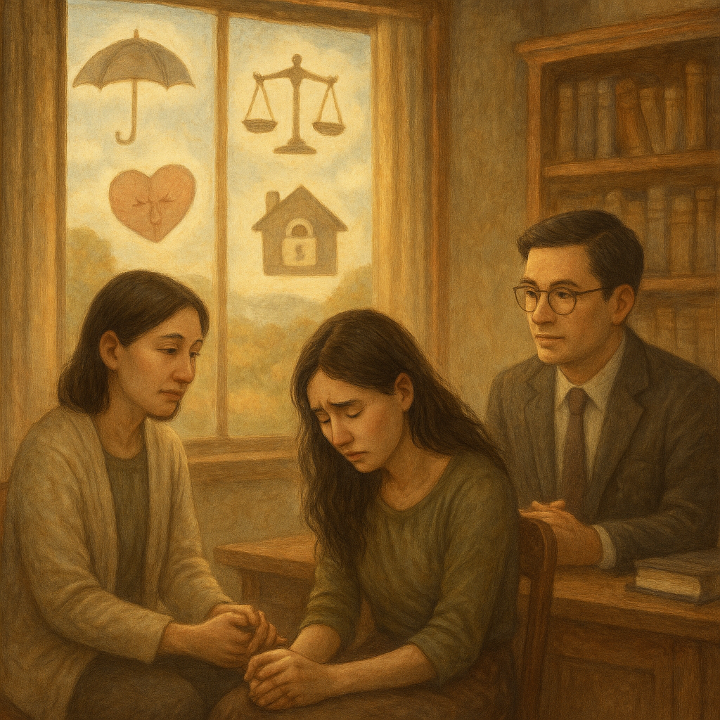 自然柔光與溫暖色調下的木質法律諮詢室，台灣社工與律師正耐心對談一位神情脆弱的台灣女性，表情細膩；窗外漂浮柔光象徵：守護傘、正義天秤、上鎖的家、被縫合的心；手繪質感、奇幻寫實、無文字。