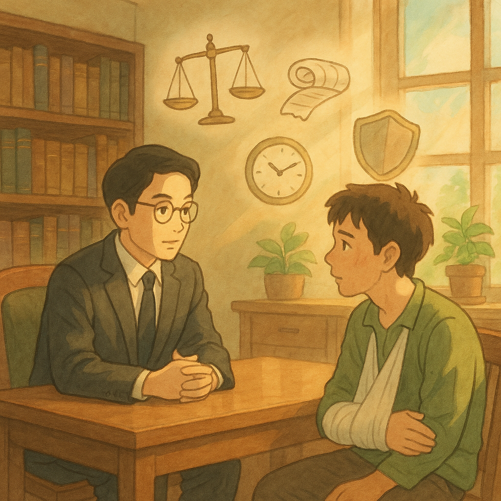 溫暖木質事務所中，台灣律師與受傷民眾對坐諮詢，表情細膩，柔光灑入；空中漂浮手繪天秤、繃帶、盾牌與時鐘等符號，象徵一般傷害責任與結論評估；吉卜力風格、柔色自然光、寫實與奇幻交融、無文字。